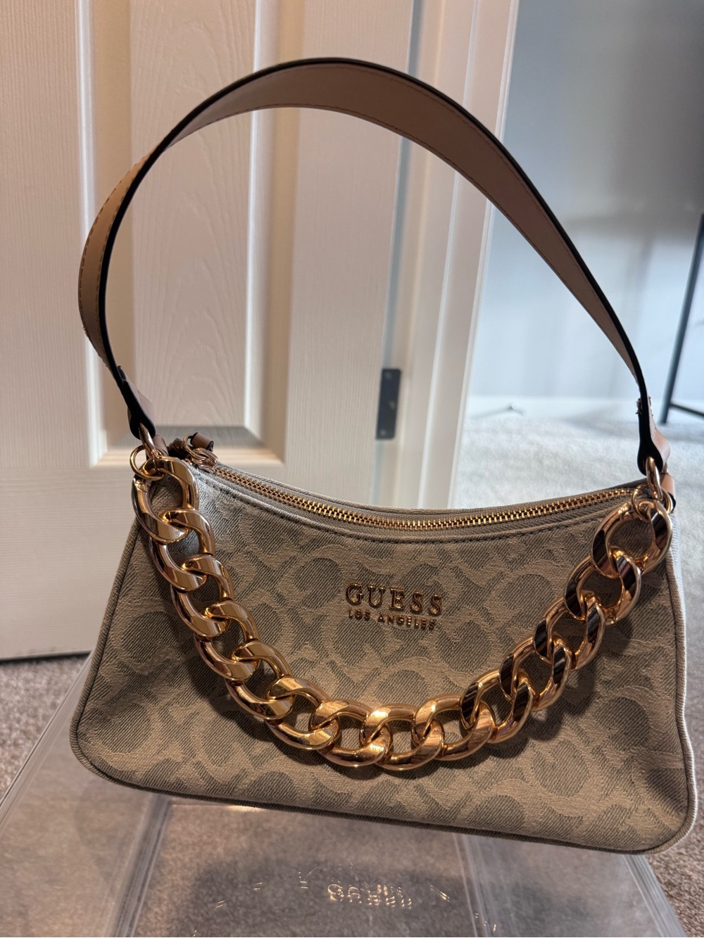 GUESS Beige Monogram Shoulder Bag with Gold Chain Accent